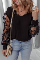 Black Flower Applique Mesh Long Sleeve V Neck Top Long Sleeve Tops d25885f65c445e12
