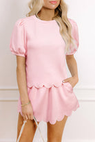 Beau Blue Puff Sleeve Pearl Embellished Scallop Hem 2-Piece Shorts Set Two Piece Shorts Sets d281e05c9a059e21