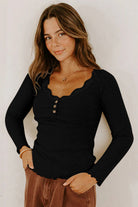 Black Lace Neckline Button Decor Lettuce Edge Long Sleeve Ribbed Top Long Sleeve Tops d2a1a3a2b674eab9