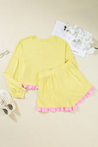 Yellow Ruffle Striped Hem Patchwork Pullover Top and Shorts Plus Size Set Plus Size Matching Sets d2aa012c3b27c26f