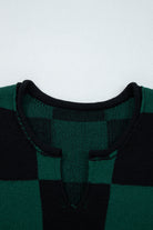 Black Checked Notched Neckline Drop Shoulder Knit Sweater Sweaters d2b488368ae2f239