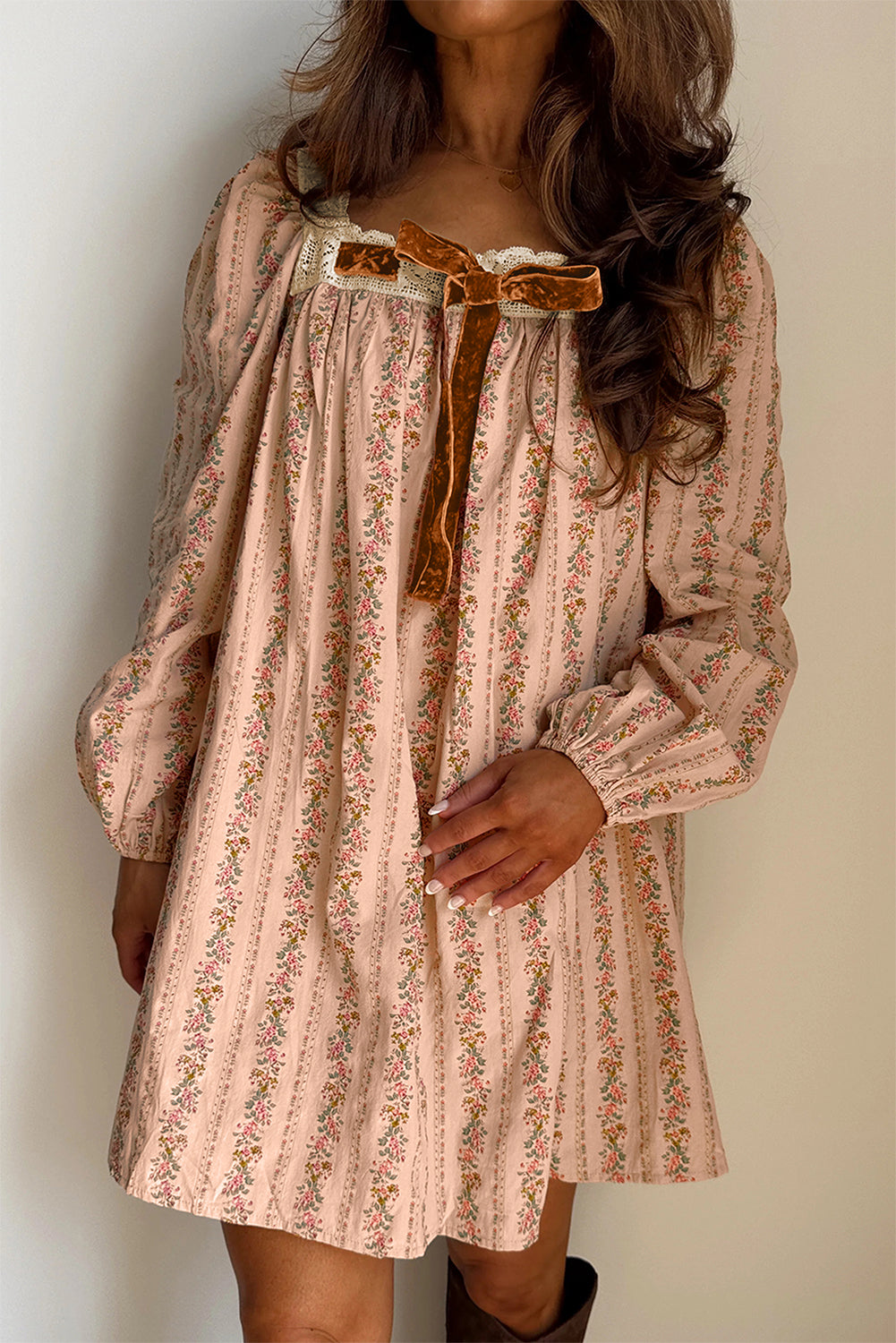 Khaki Velvet Bow Front Floral Print Long Sleeve Short Dress Short Dresses d2b4a06854940360