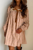 Khaki Velvet Bow Front Floral Print Long Sleeve Short Dress Short Dresses d2b4a06854940360