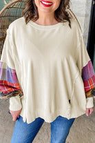 Beige Plus Size Plaid Patchwork Sleeve Pullover Top Plus Size Tops d2bdaec4faacd8e9