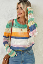 Green Colorblock Striped Hollow Knitted Top Knit Tops d2d020e5ac170d7f