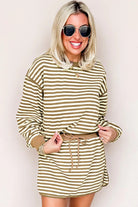 Brown Stripe Textured Drop Shoulder Pullover Top Drawstring Mini Skirt Two Piece Dress Set Two Piece Skirt Sets d2d0312c2308be6a