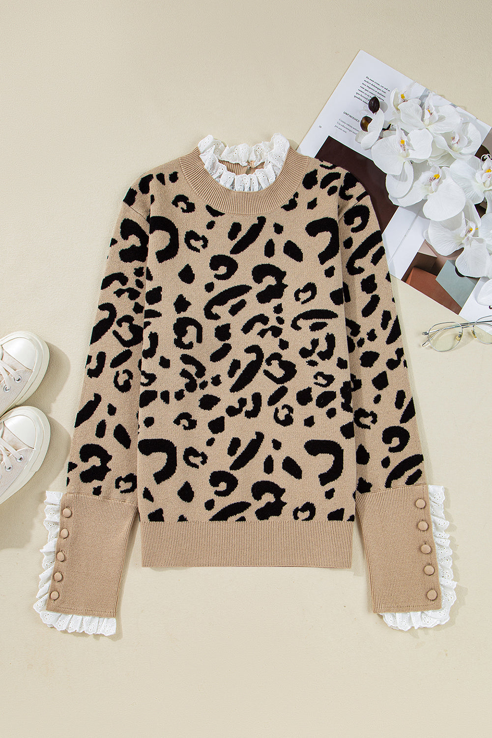 Brown Leopard Pattern Lace Trim Ribbed Detail Button Cuffed Sweater Sweaters d2df8fb9ab85b324