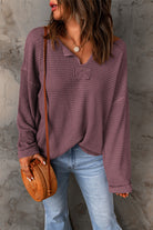 Purple Waffle Knit Split V Neck Drop Shoulder Long Sleeve Top Long Sleeve Tops d2ebde45e0750501