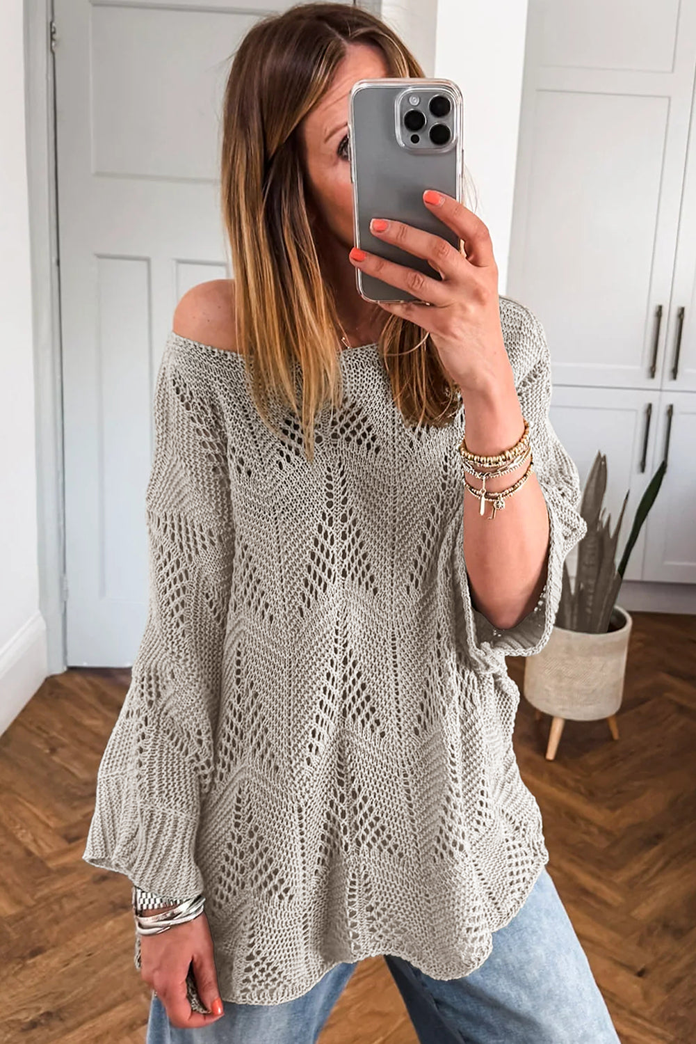 Seagrass Hollow Out Knit 3/4 Sleeve Loose Sweater Sweaters d305689b82adc369