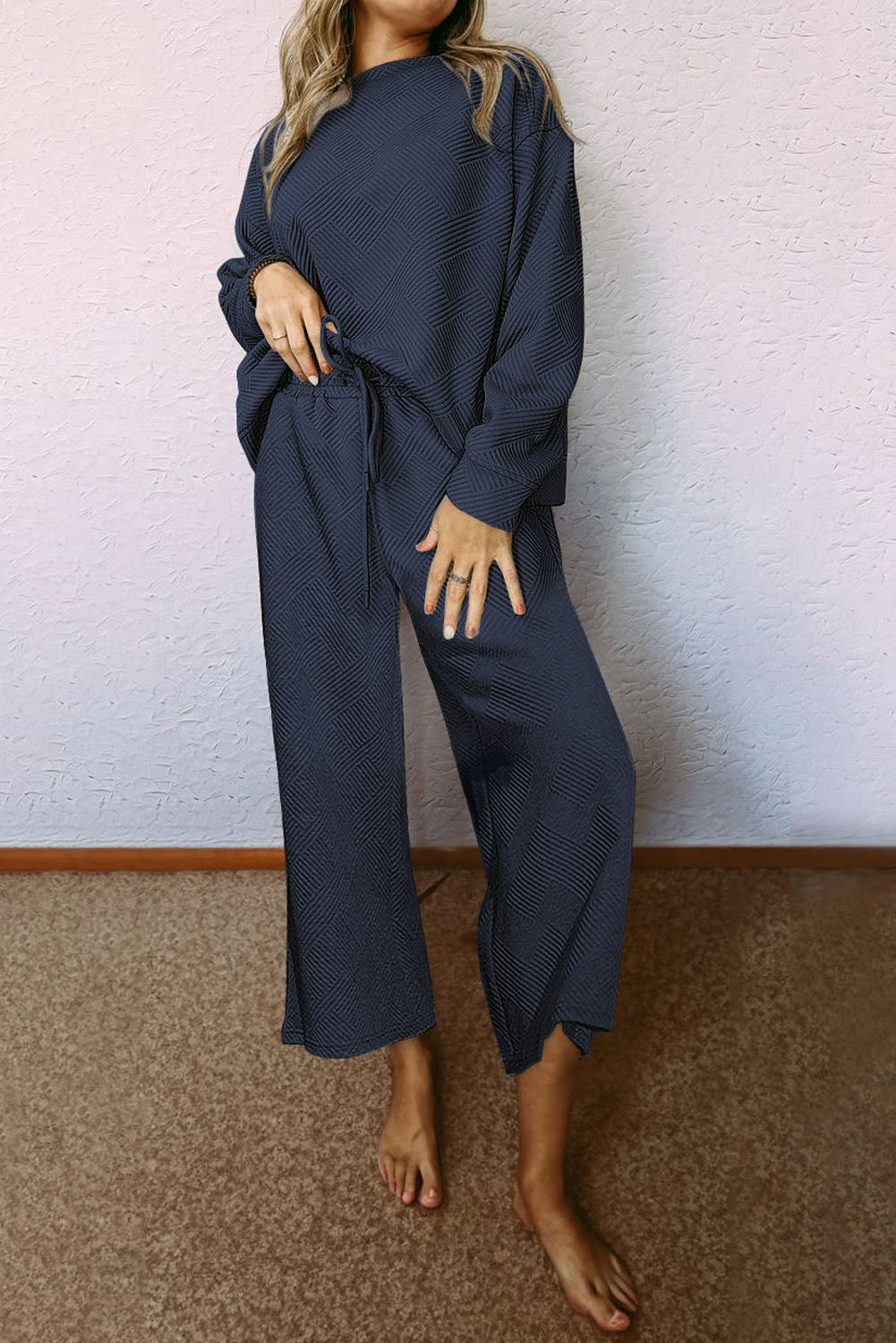 Navy Blue Textured Loose Slouchy Long Sleeve Top and Pants Set Two Piece Pants Sets d30d7384194fc629