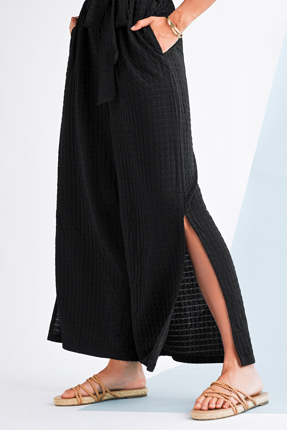 Black Checkered Mesh One Shoulder Short Sleeve Knotted Waist Jumpsuit Jumpsuits d350b5e10b1bc820