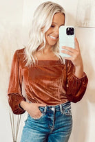 Clay Velvet Ribbed Texture Square Neck Slim Puff Sleeve Top Long Sleeve Tops d360fdca0081852e