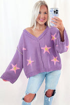 Lavendula Brushed Star Graphic V Neck Drop Shoulder Oversize Sweater Sweaters d37189923986fe79