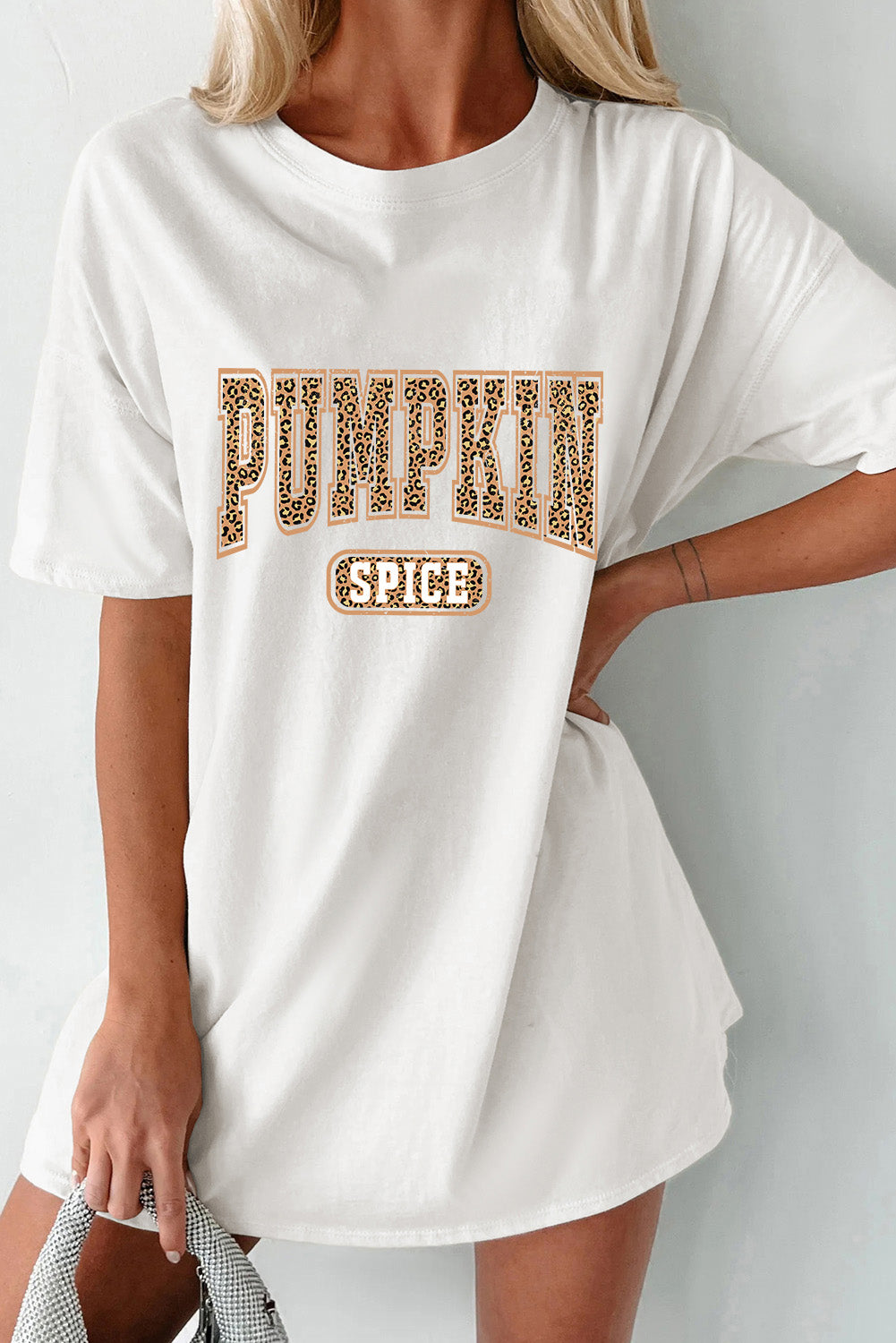 White PUMPKIN SPICE Leopard Heat Transfer Printing Graphic Tunic T Shirt Graphic Tees d385d7a76abd4c9e