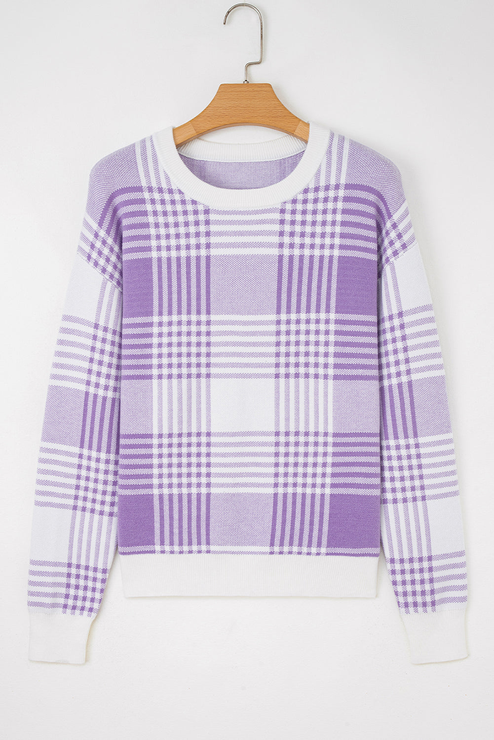 Lilac Plaid Print Ribbed Trim Loose Sweater Sweaters d39ff74cd32d388c