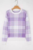 Lilac Plaid Print Ribbed Trim Loose Sweater Sweaters d39ff74cd32d388c