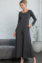 Dark Grey Henley Long Sleeve Wide Leg Jumpsuit with Pockets Jumpsuits d3b4ddb1dbf63253