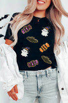 White Sequined Halloween Spirit Pattern Patched Custom Casual Tee Graphic Tees d3c6b824bfa4f321