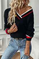 Black Contrast Striped Trim V Neck Drop Shoulder Sweater Sweaters d4323dec88907798