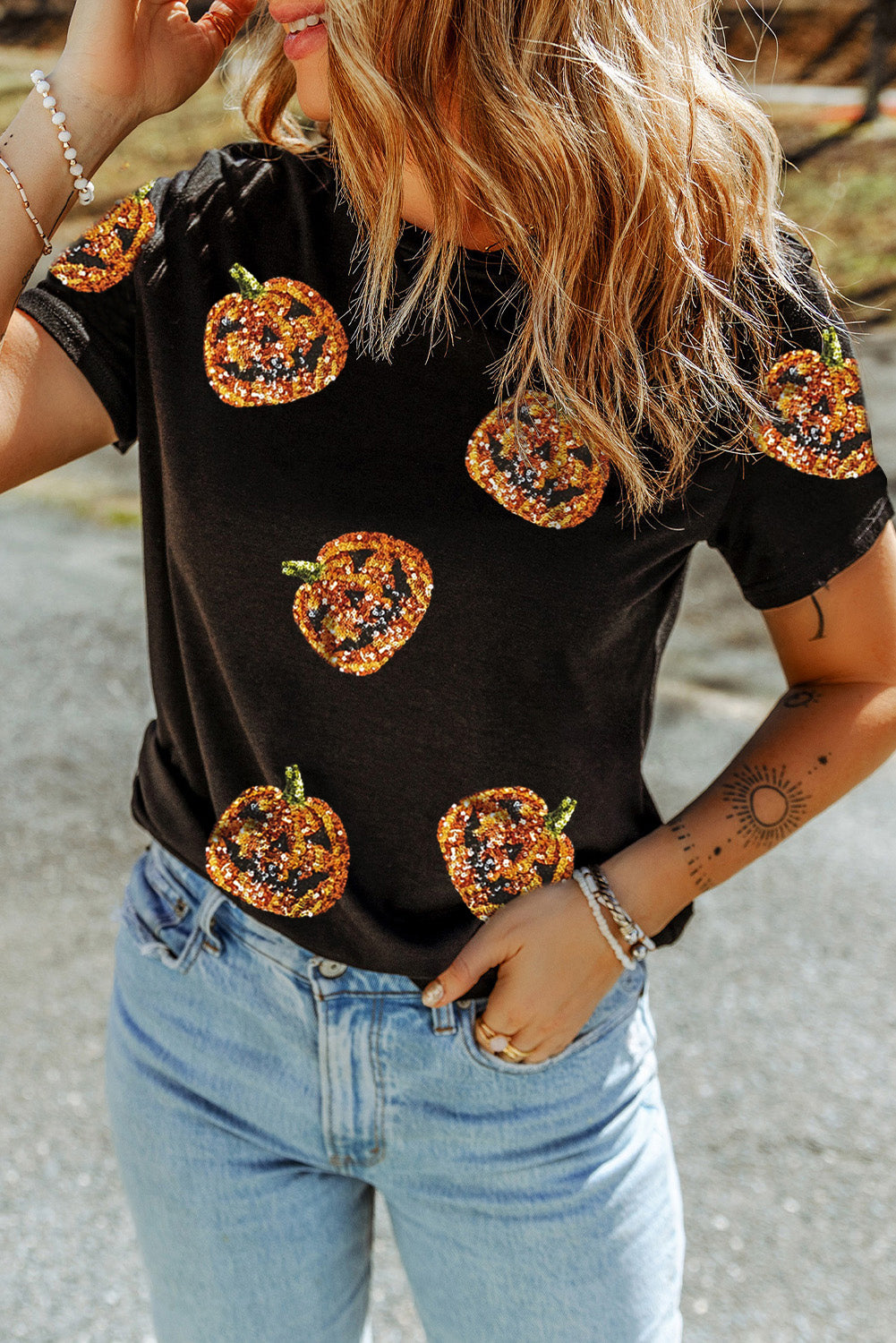Black Halloween Sequin Pumpkin Face Graphic T Shirt Graphic Tees d43e3d37f66059c3