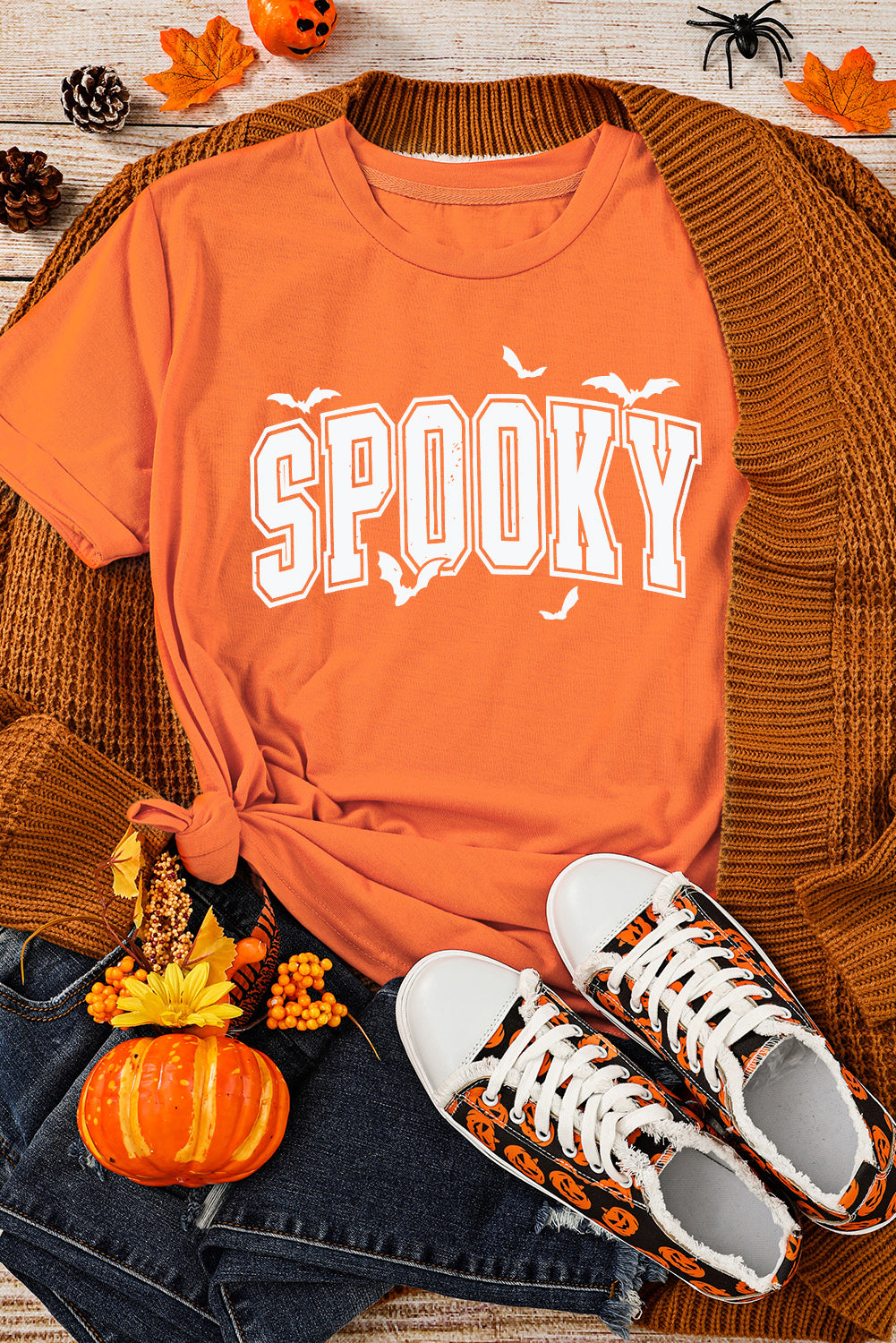 Orange SPOOKY Heat Transfer Printing Crewneck Halloween T Shirt Graphic Tees d49346ca8f4f6268