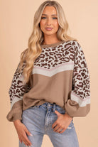 Straw Yellow Leopard Colorblock Patchwork Round Neck Sweater Sweaters d4981edd85d76995