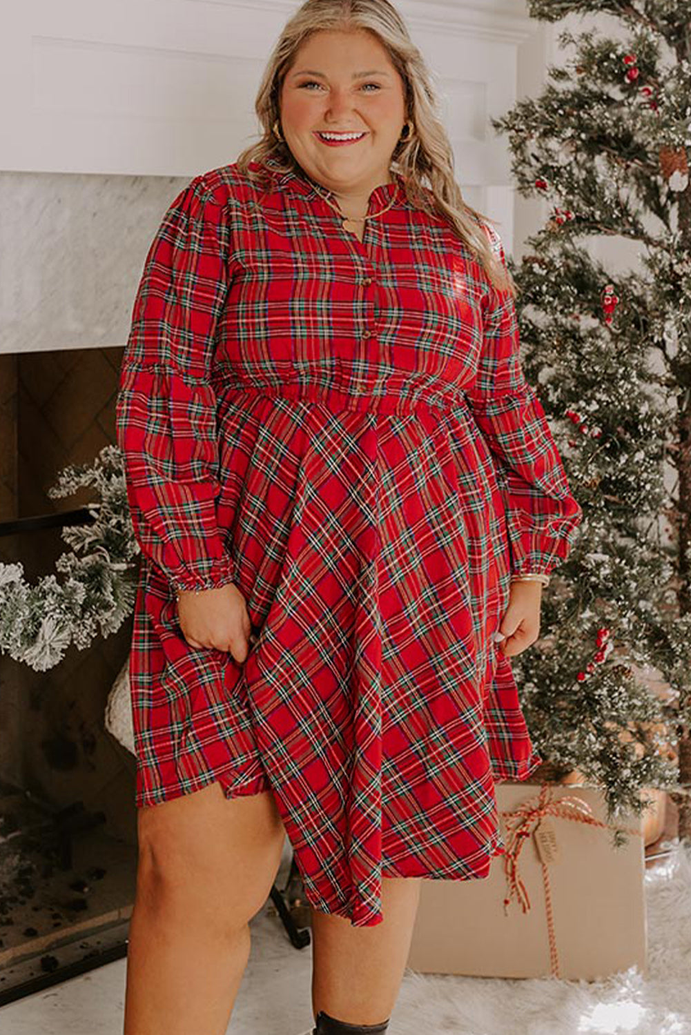 Red Plaid Half Button Long Sleeve Holiday Plus Size Dress Plus Size Dresses d499ecde840850e0
