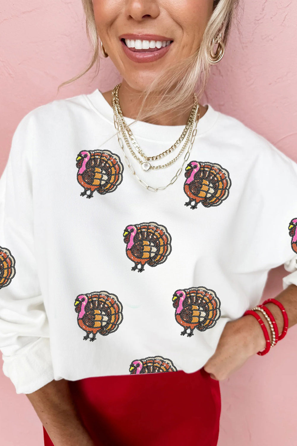 White Thanksgiving Turkey Sequins Patch Pullover Sweatshirt Graphic Sweatshirts d4d0da932d56bcba