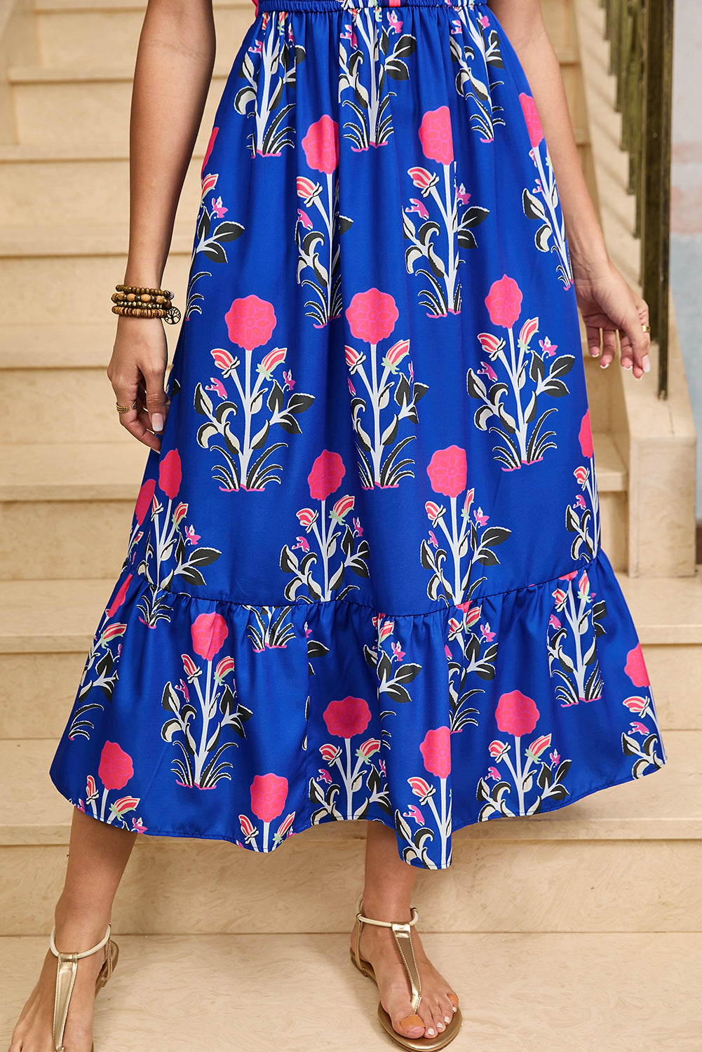 Blue Floral Ruffle Hem Pop of Color Neckline Dress Midi Dresses d4d44e5ffa6a47df