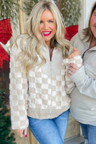 Khaki Checkered Sherpa Corduroy Patchwork Zip-up Collared Jacket Jackets d4d833e3ce0cc7c5