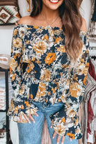 Blue Floral Off Shoulder Bell Sleeve Smocked Peplum Top Blouses d513ee6cba623a62