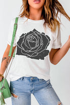 White Large Rose Graphic Crew Neck T Shirt Graphic Tees d515e5357564f655