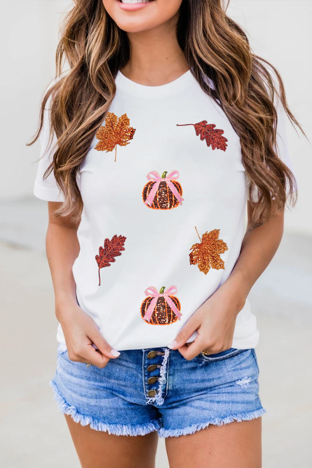 White Pumpkin Leaves Sequins Patch Fall Vibe Graphic T Shirt Graphic Tees d51fc0d1a7f85362