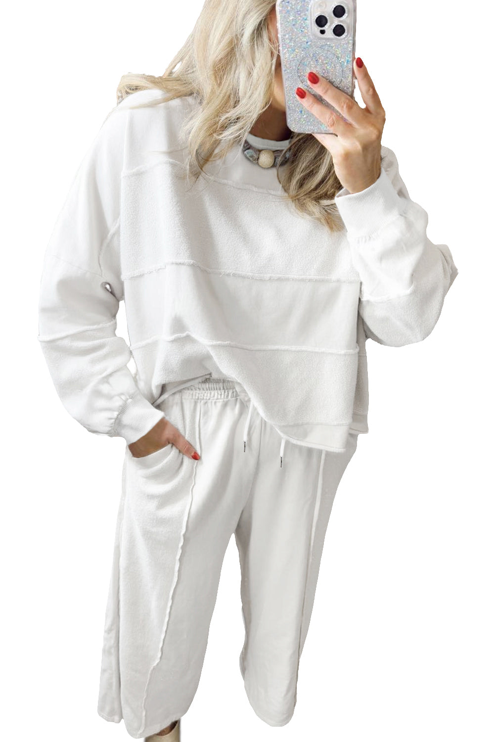 White Textured Raw Seam Plus Size Pullover Top and Drawstring Pants Set Plus Size Matching Sets d5494dc19dc5798c