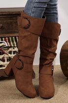Coffee Suede Double Buckled Side Zipped Mid-calf Boots Boots d55368f2785493ce