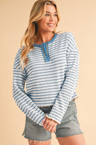 Sky Blue Stripe Textured Long Sleeve Henley Top Long Sleeve Tops d5550dbd3a050837