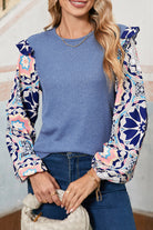 Ashleigh Blue Ruffle Floral Sleeve Patchwork Waffle Top Long Sleeve Tops d56b1d6a0bf41f6a