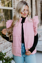 Pink Stand Neck Flutter Sleeve Snap Button Puffer Vest Coats d582921e790fc67e