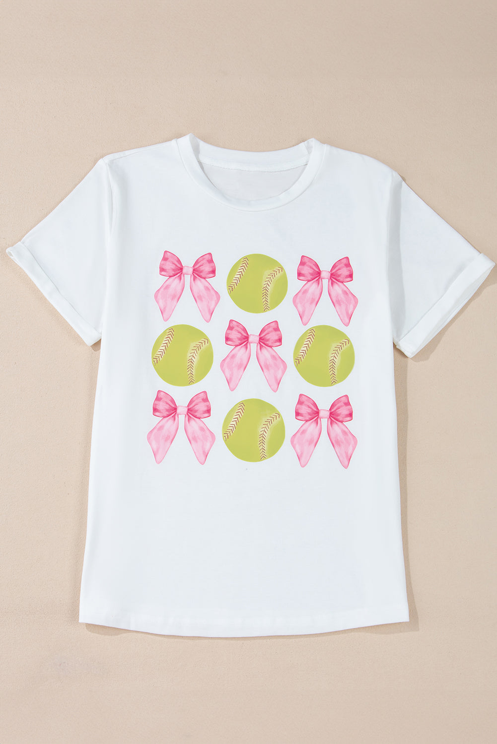 White Casual Bow Tie Baseball Graphic Round Neck Tee Graphic Tees d585236fde0c0c60