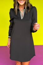 Black Striped Trim V Neck Collared Puff Sleeve Mini Dress Short Dresses d59bf7eebedec138