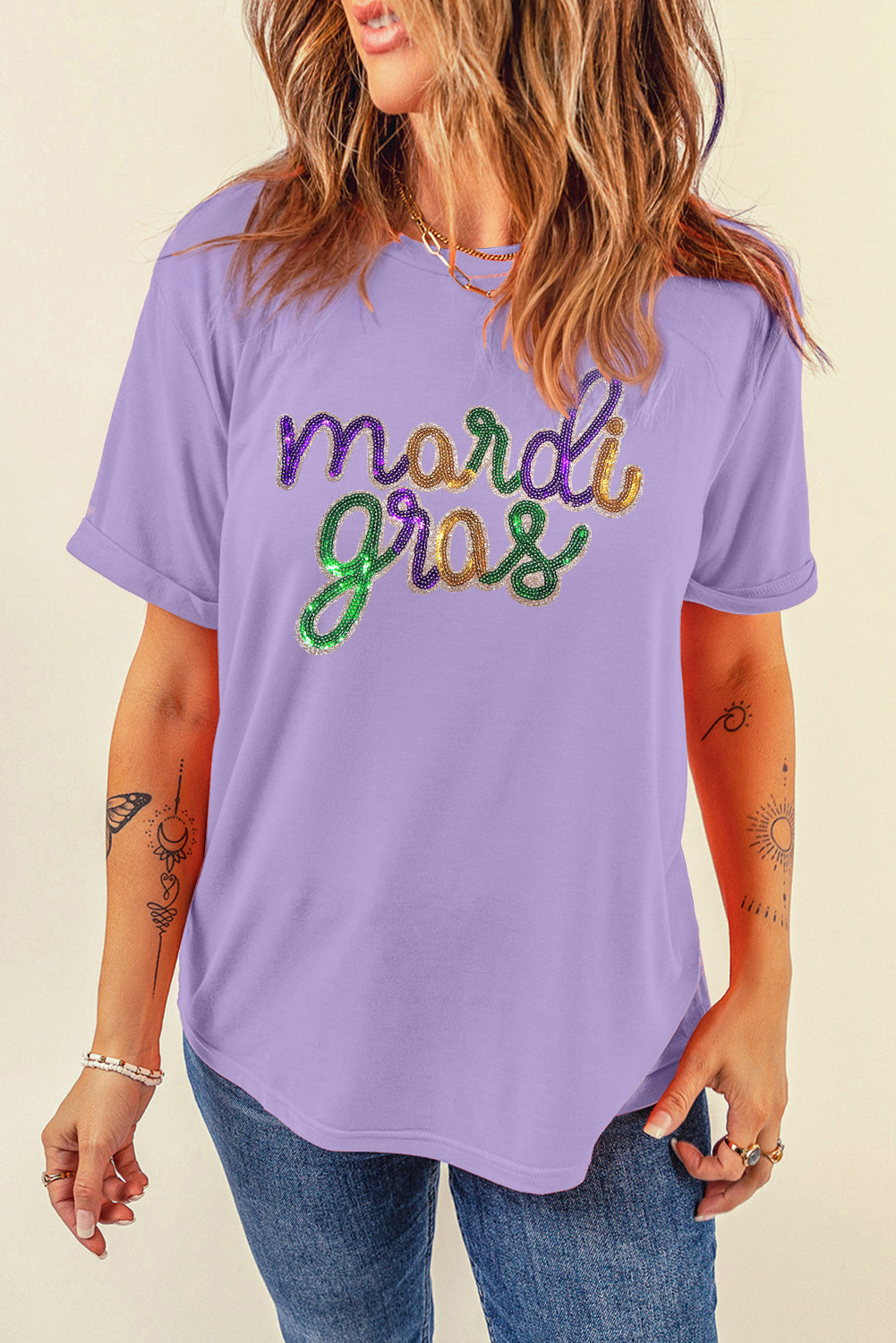 Wisteria Sequin mardi gras Letter Print Crewneck Tee Graphic Tees d5b1d5db2b451975