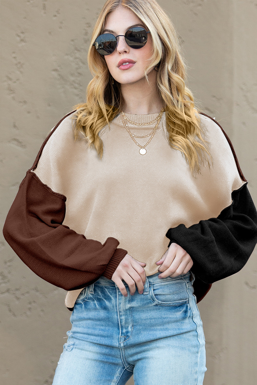 Brown Colorblock Bishop Sleeve Exposed Seam Ribbed Trim Sweater Sweaters d5b8927fcb0bee59