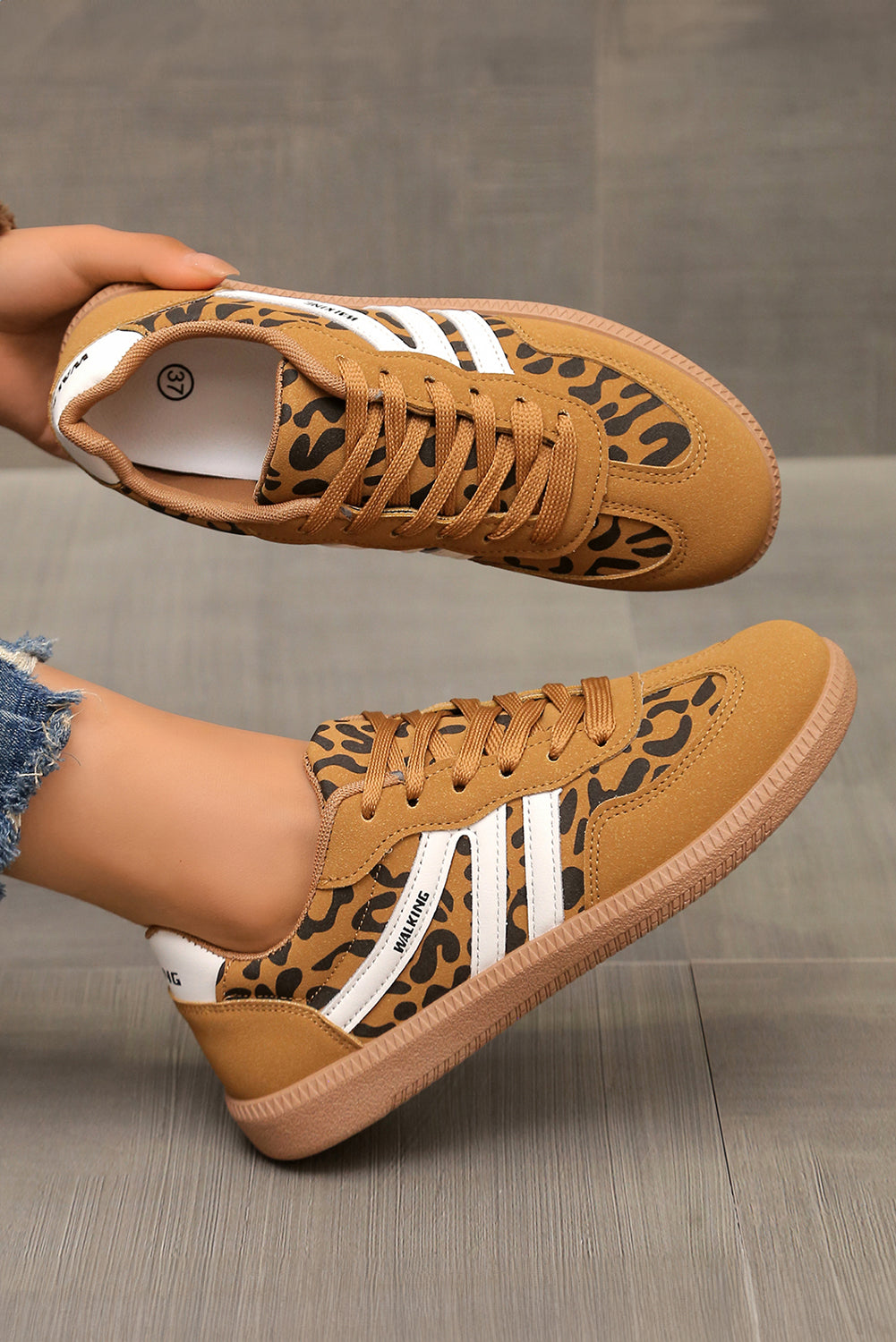 Thai Curry PU Leather Leopard Patchwork Contrast Detail Lace-up Shoes Sneakers d5ddc2b06b81482a