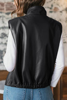 Black Double Flap Pocket Faux Leather Zip Up Stand Neck Vest Jackets d601628d07bfca0e