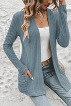 Stone Blue Ribbed Open Front Knitted Top with Pockets Cardigans d60a48764850fb5e