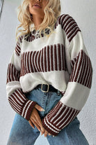 Brown Two Tone Striped Patchwork Drop Shoulder Sweater Sweaters d61bde6db04652de