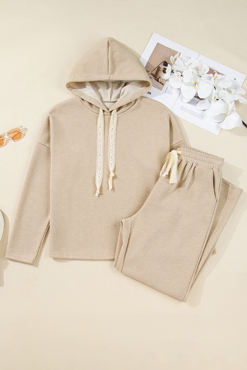 Jet Stream Drawstring Pullover Hoodie and High Waist Pants Corduroy Suit Two Piece Pants Sets d620de325ce9480b