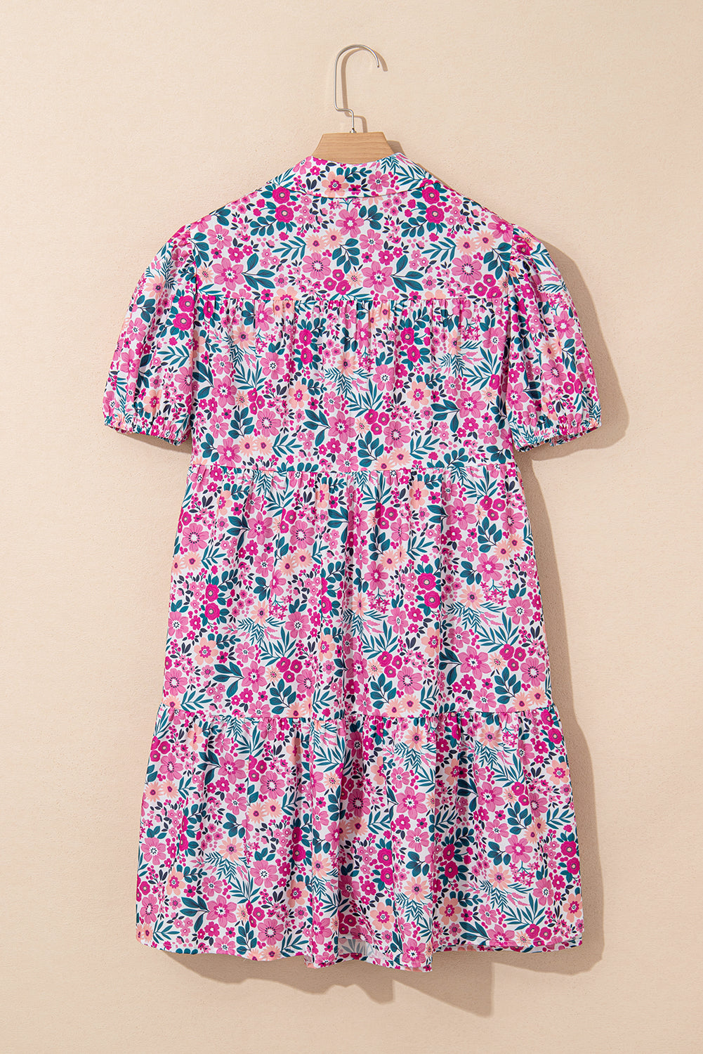 Pink Allover Floral Print Collar Half Button Short Sleeve Loose Dress Short Dresses d623cfabcf30f986
