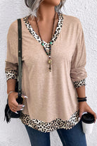Parchment Leopard Patchwork V Neck Long Sleeve Plus Size Top Plus Size Long Sleeve Tops d6559945fca4a371