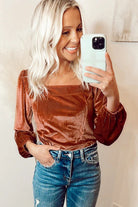 Clay Velvet Ribbed Texture Square Neck Slim Puff Sleeve Top Long Sleeve Tops d65aea159e37d9e1